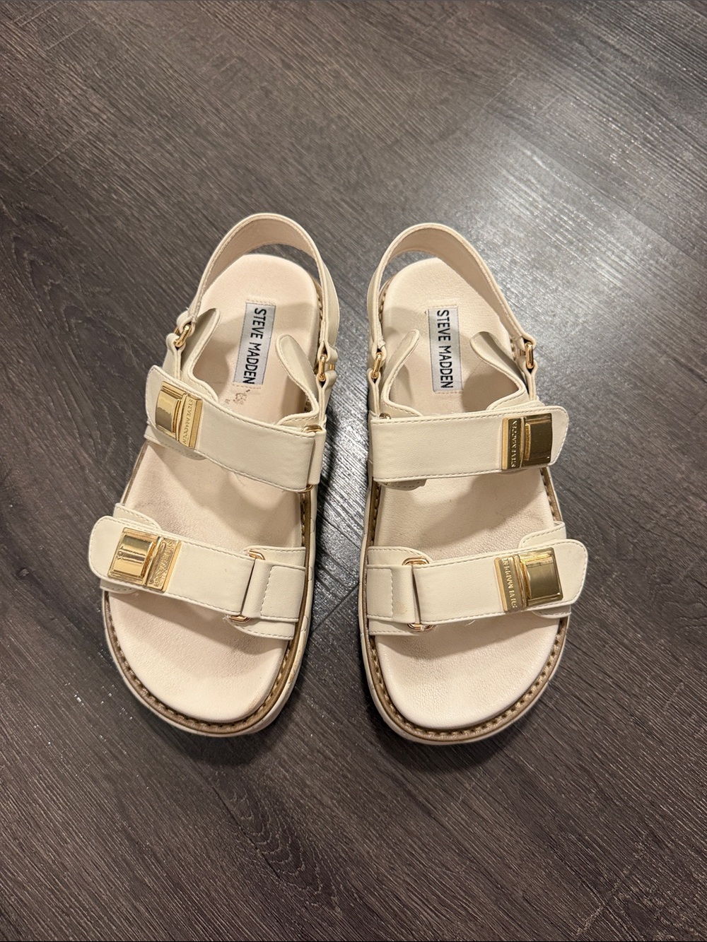 Steve Madden Cream Double Strap Sandals with Gold Buckles